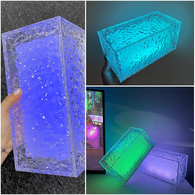 Luz nocturna de bloque de hielo creativa para dormitorio, mesa de carga USB, restaurante, Bar, decoración romántica, luz LED de ambiente