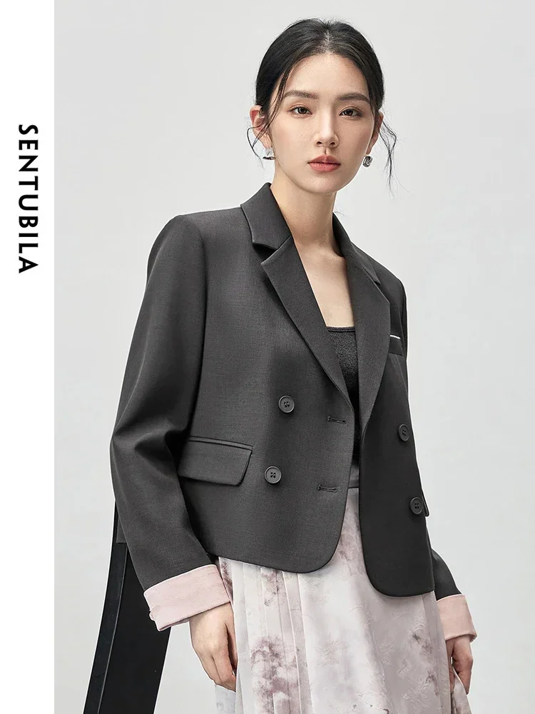 

SENTUBILA Women Grey Blazer Jacket 2025 Autumn Spring Ladies Elegant Patchwork Jacquard Crop Jacket Woman Clothes 143X54988