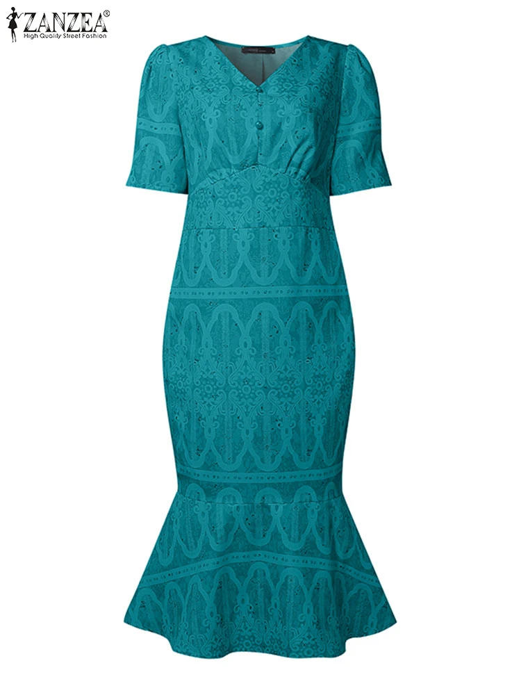 

High Waist Office Dress Women Elegant Printed Sundress Short Sleeve V Neck Long Vestidos Fashion A-Line Robe ZANZEA 2025