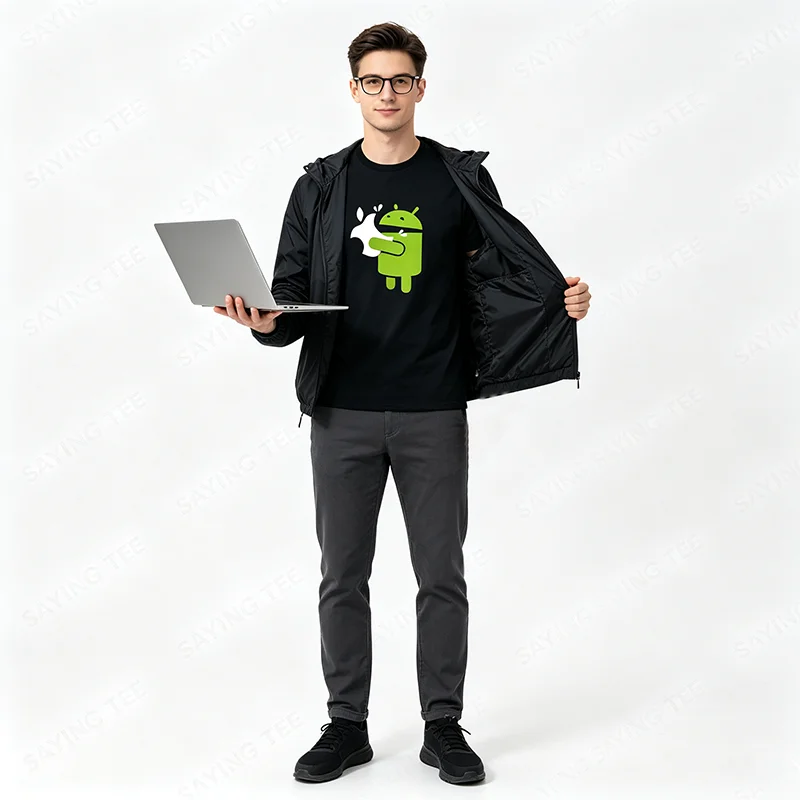 Grüner Roboter isst einen Apfel Grafik-T-Shirt | Lustiges T-Shirt für App-Entwickler, personalisiert, Y2k-Programmierer, Programmieringenieur, Kleidung, T-Shirt – Detail 6