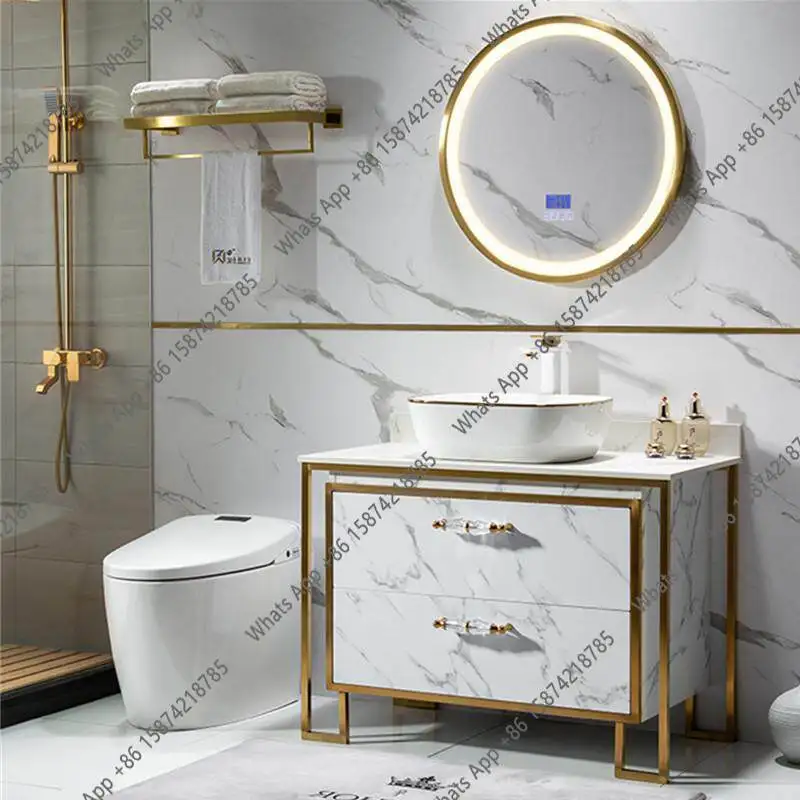 Customized light luxury intelligent round mirror stainless steel bathroom cabinet combination rock slab table basin
