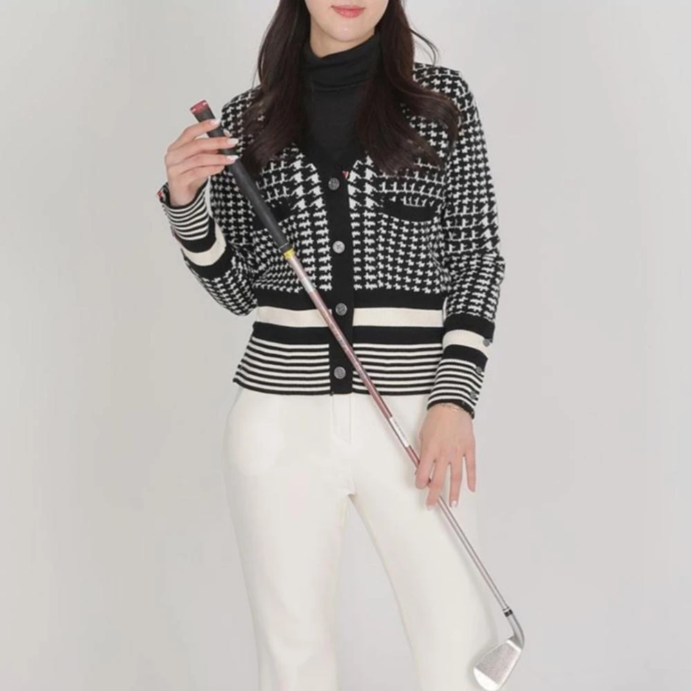 New Women's Spring and Autumn Knitted Plaid Golf Cardigan V-neck Long-sleeved Sweater Houndstooth Top Versatile Jacket