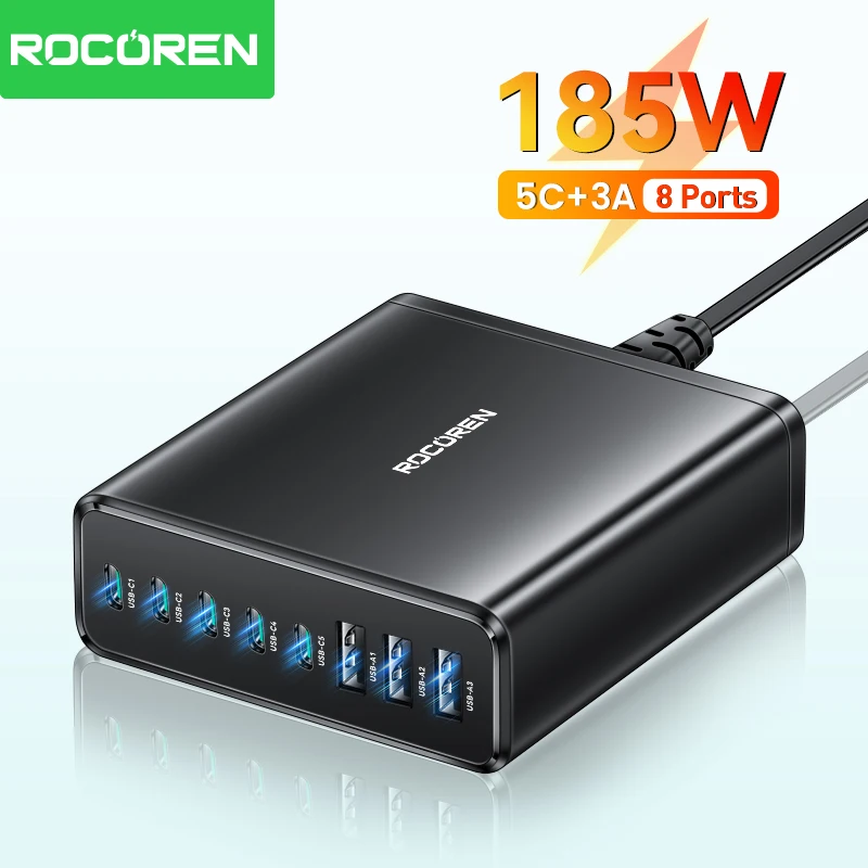 Rocoren 185W Multiple 8 Ports Desktop Charger Fast Charging USB C Type C Power Station For iPhone16 15 14 13 Pro Samsung Xiaomi