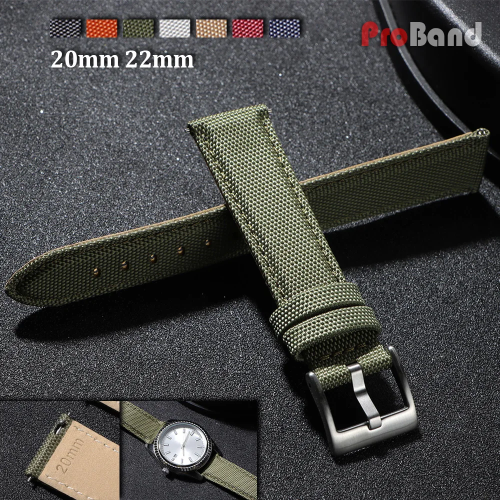 20mm 22mm Quality Sailcloth Leather Watch Strap for Seiko for Omega Ribbed Nylon Watchband Qucik Release Wristband Accessories