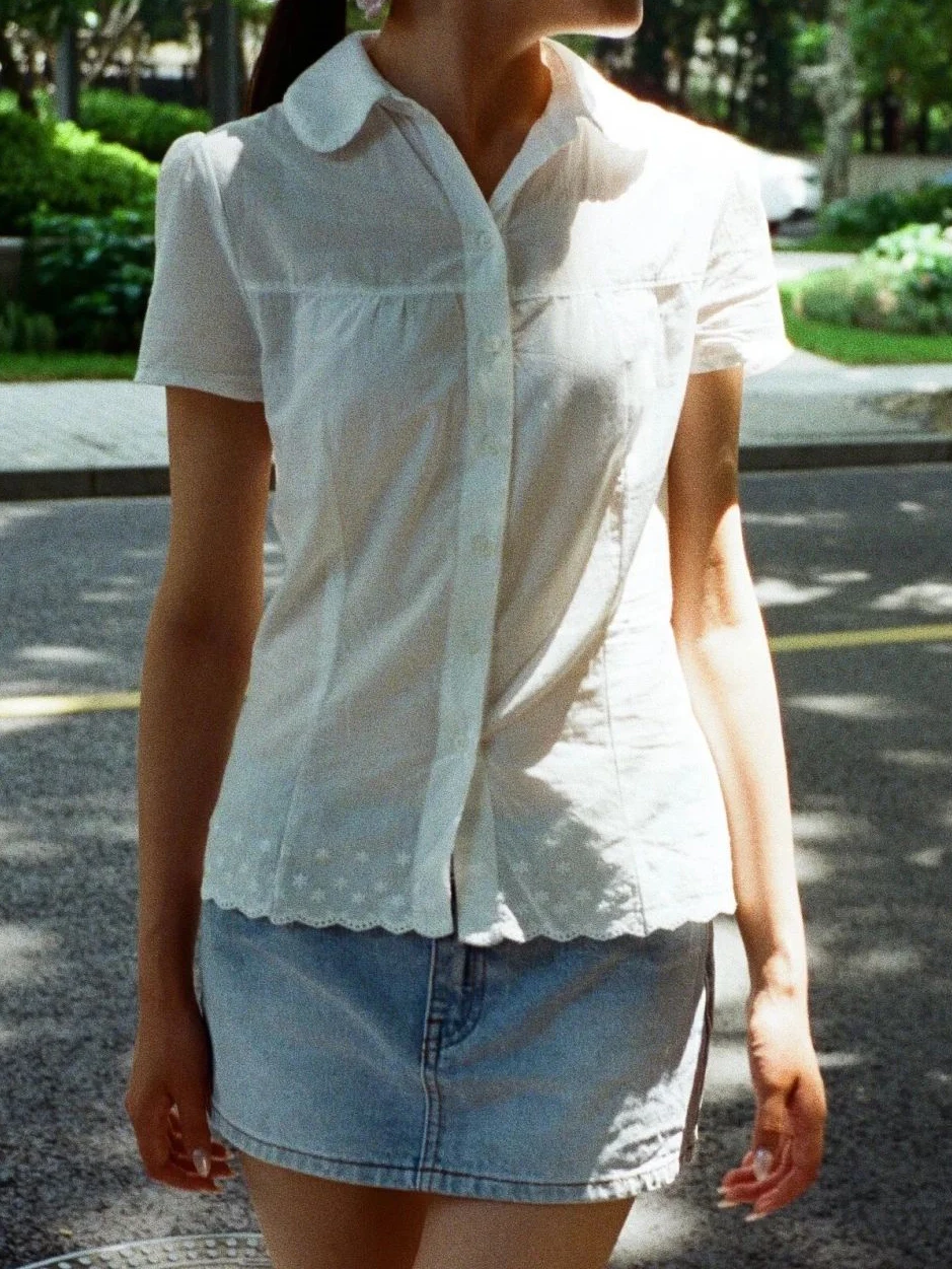 

White Floral Embroidery Hem Blouse Woman Summer Peter Pan Collar Cotton Short Sleeve Shirts Sweet Cute New Slim Tshirt Tops Y2k
