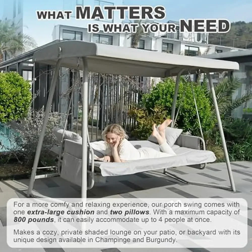 Outdoor Swing Bed with Adjustable Canopy 800lbs Capacity Patio Swing Chair Convertible Backrest Easy Assembly Swing 3-4 Seats