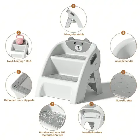 Step Stool, Foldable 2Step Kids Stool With NonSlip Design And Handle, Multipurpose Step Stool For Bathroom Sink, Kitchen, Bedro