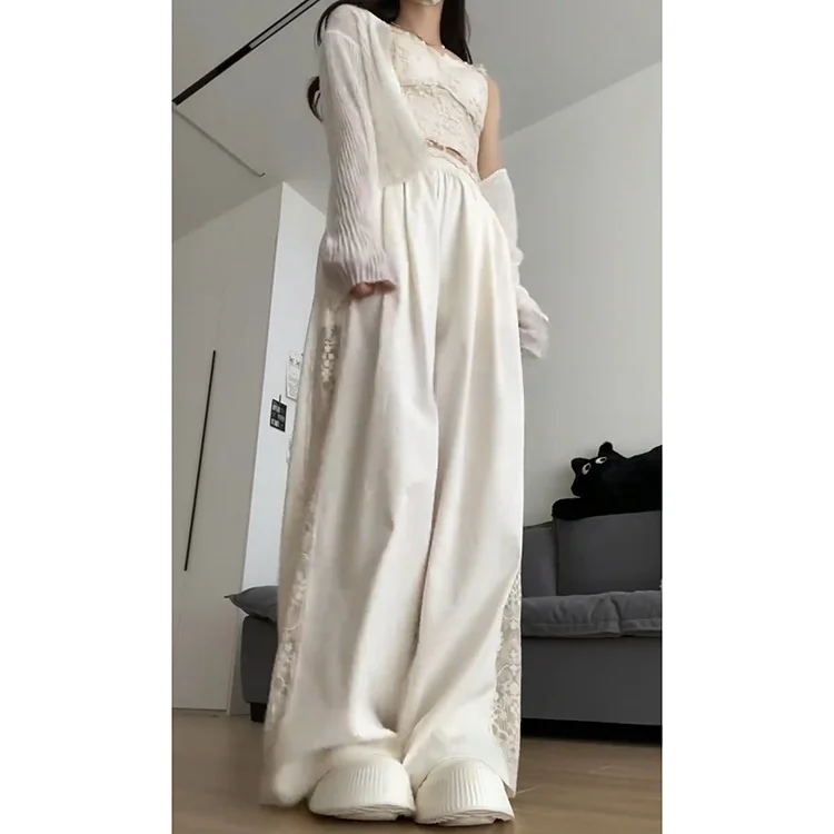 نسيج الحرير الجليد بنطال ذو قصة أرجل واسعة المرأة الصيف جديد Sle حجم صغير الجوف خارج الربط السراويل الكورية Sle Cr الأبيض #2