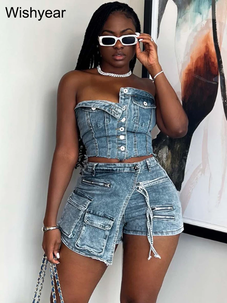 Fashion Pocket Irregular Shorts and Tube Tops 2 Two Piece Sets Denim Stretch Women Summer Birthday Club Outfit Female Streetwear