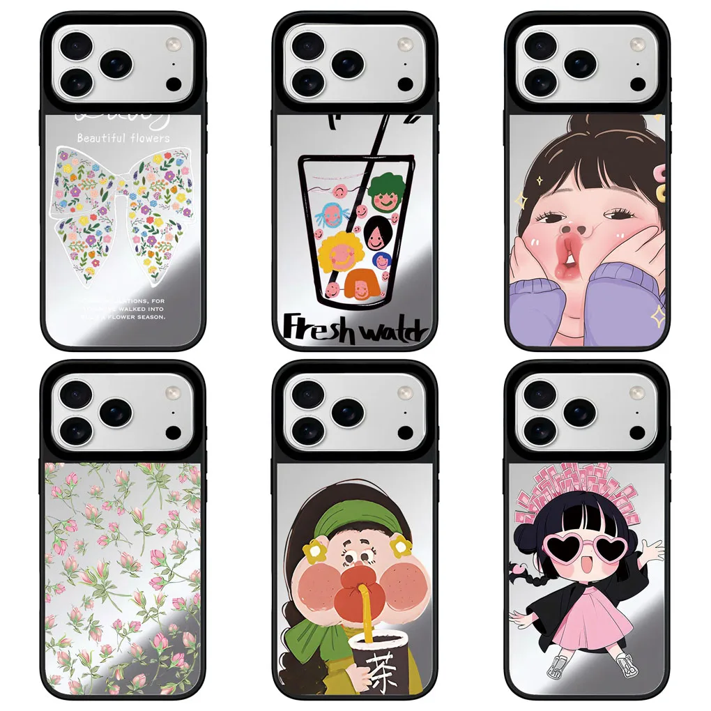 

Cute Girl Mirror Surface Black Border Magnetic Phone Case Cover for IPhone 12 13 14 15 16 17 Pro Max Case