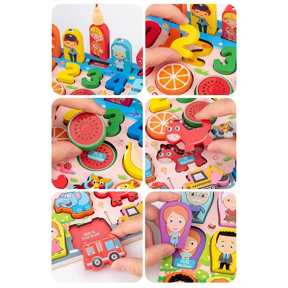 ไม้มอนเตสซอรี่ของเล่นไม้ตัวอักษรดิจิตอลผลไม้สัตว์การศึกษาเด็กของเล่นหลากสีรูปปริศนาจับคู่