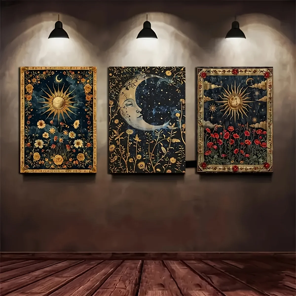 Juego de 3 Cuadros en Lienzo sin Marco, Diseño Retro de Luna Creciente, Sol y Plantas, Impresión en Lienzo con Hermoso Tema Floral Celestial