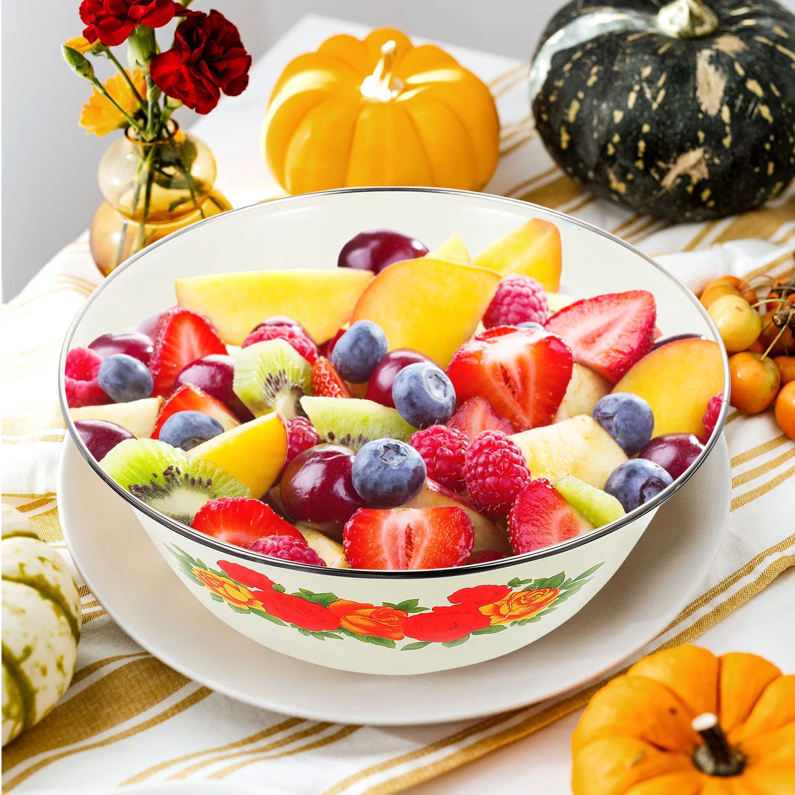 

2Pcs Enamel Food Basins Retro Style Sturdy Vintage Bowls for Home Vegetable Fruit Storage Multipurpose Kitchen Use