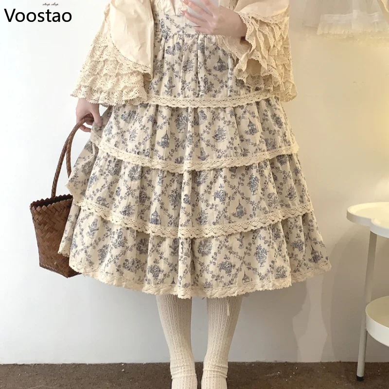 Elegant Vintage Princess Long Skirt Women Harajuku Floral Garden Print Cotton Lace Party Skirts Female Casual Cake Midi Skirt