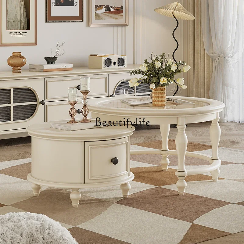 

Solid wood coffee table combination simple French cream style telescopic Changhong glass round tea table