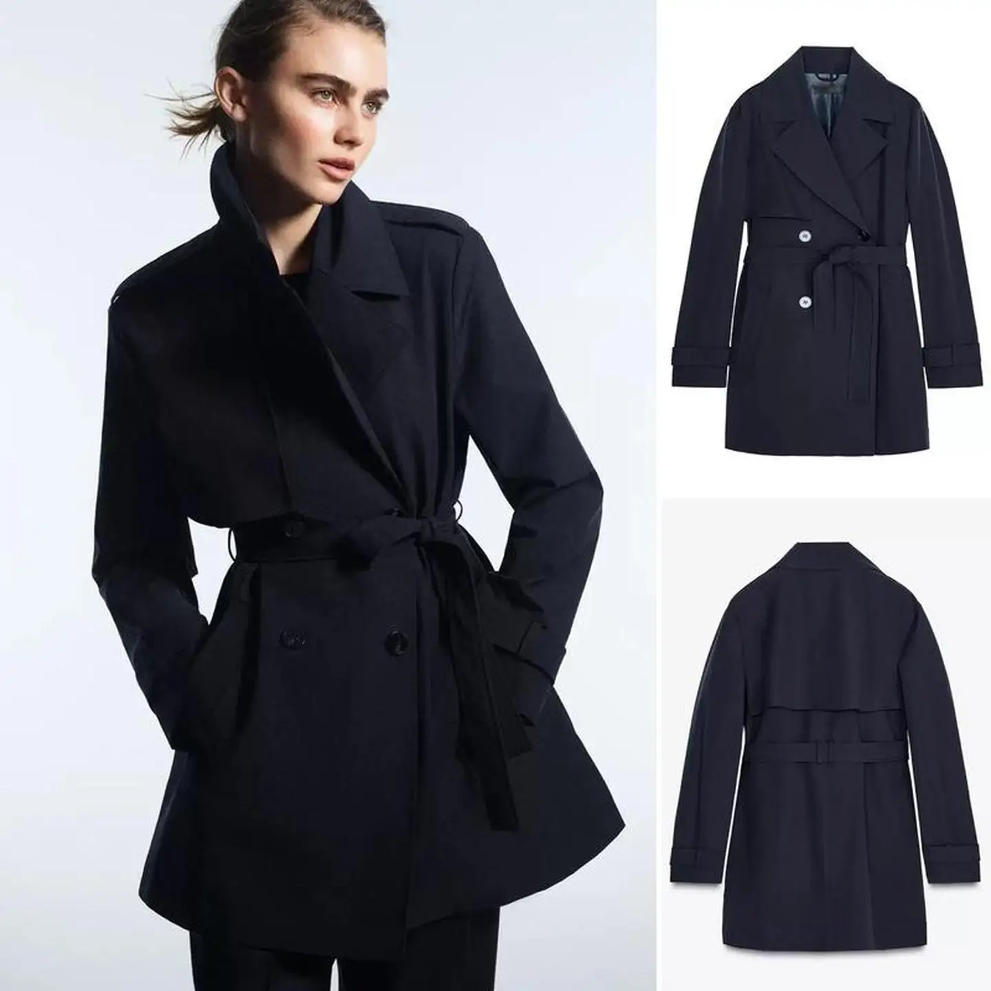 معطف Ele Long Sve مع زخرفة حزام وياقة على شكل حرف f وسترة واقية للخريف ورفيعة عادية #4