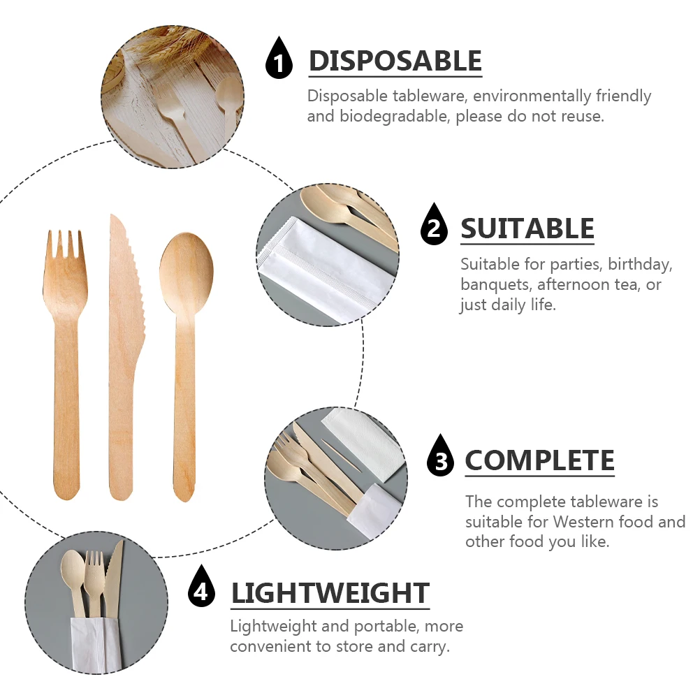 

1 set Wood Cutlery Knife Fork Spoon Set Disposable Eco Friendly Biodegradable Party Tableware Banquets Birthday Tea Daily