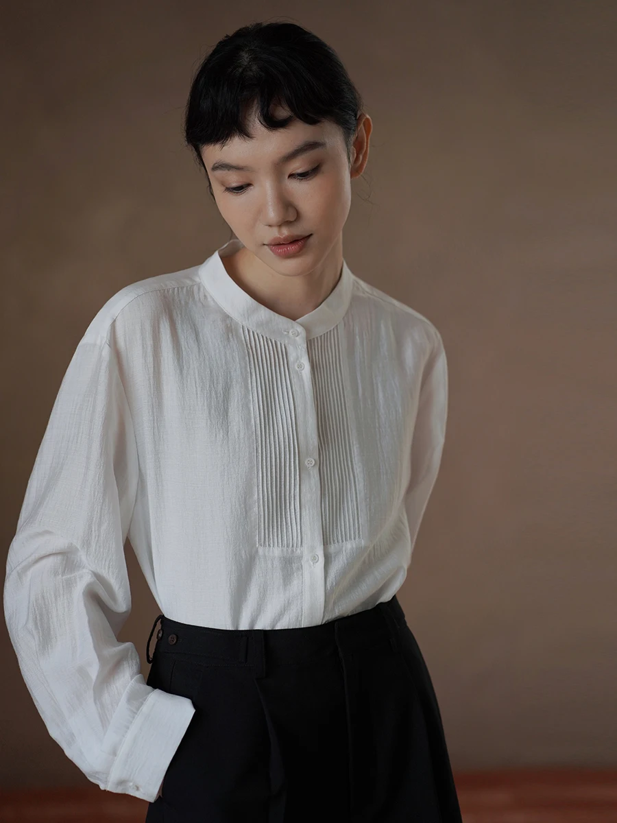 

Хакикики Miss Water Lily Легкий свободный крой с воротником-стойкой Длинный свек Топ для поездок на работу Прозрачный дизайн Повседневный женский Fa...