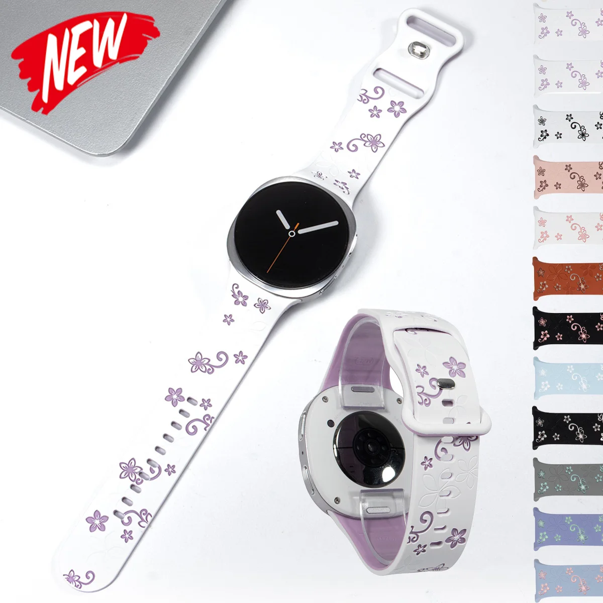 Blumenmuster Graviertes Silikonarmband für Samsung Galaxy Watch 9/8 40 44mm Zweifarbiges Sportarmband für Galaxy 8 Classic 46mm Correa