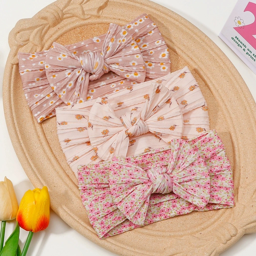 

3 шт./компл., нейлоновая повязка на голову с цветочным принтом, набор аксессуаров для волос для новорожденных, мягкие нейлоновые повязки на голову с бантом, головные уборы для маленьких девочек