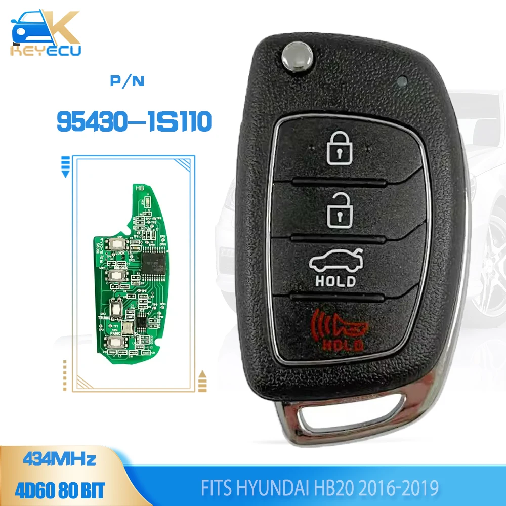 KEYECU P/N: 95430-1S110 ( OEM Board )  for Hyundai HB20 2016 2017 2018 2019 434MHZ 4D60 80Bit 4 Button Fob Flip Remote Key