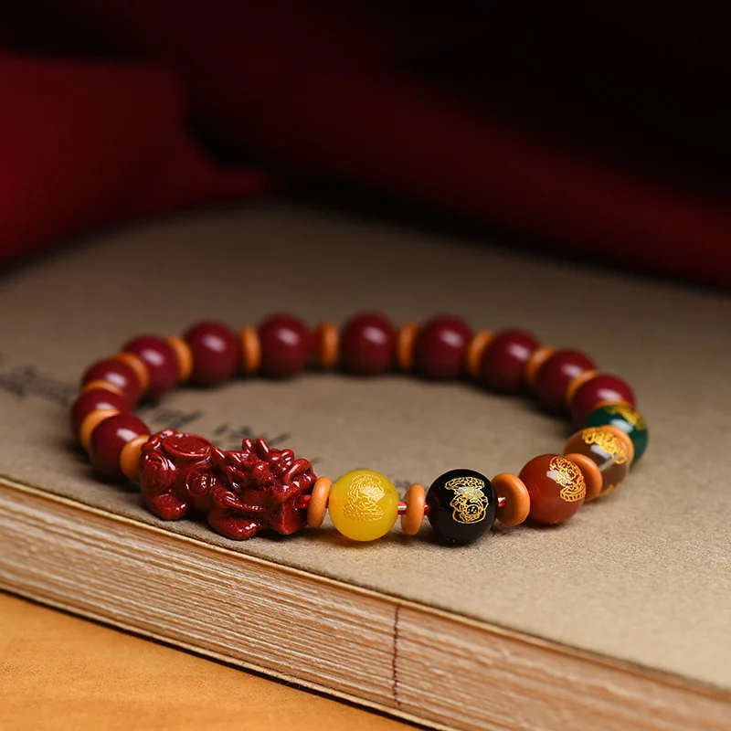 2022 Cinnabar Pixiu Bracelet Five-way God of Wealth Tiger Pearl Male and Female Obsidian Lifeline Buddha Beads Rosary Health