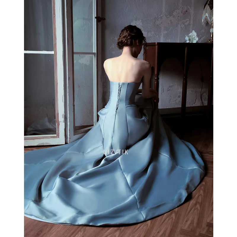 Gaun Malam Koktail Pesta Prom Biru Baru Gaun Pesta Gaun Homecoming Pernikahan Wanita untuk Acara Khusus Formal Disesuaikan