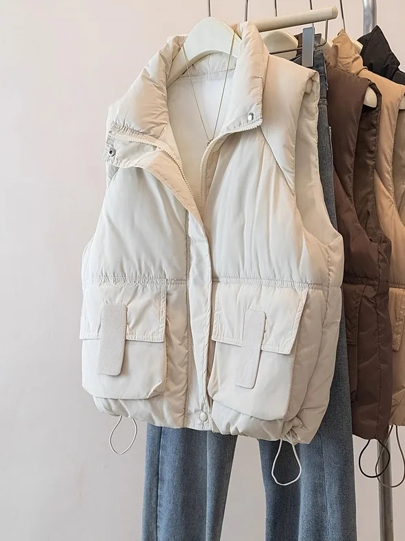 

Fashionable Beige Cotton Vest Outerwear Women's Autumn Winter Thickened Drawstring Hem Layering Sleeveless Cotton Clothes