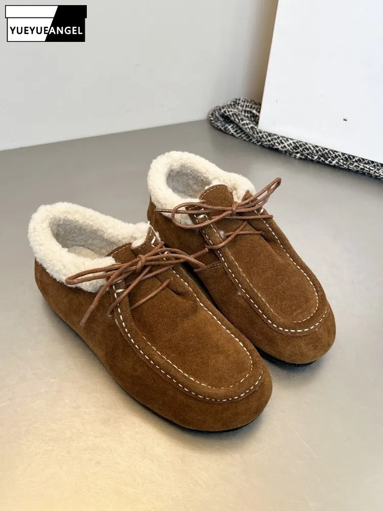Vintage Women Real Cow Suede Leather Warm Fleece Lining Shoes Lace Up Casual Comfortable Flats Round Toe Antiskid Platform Shoes