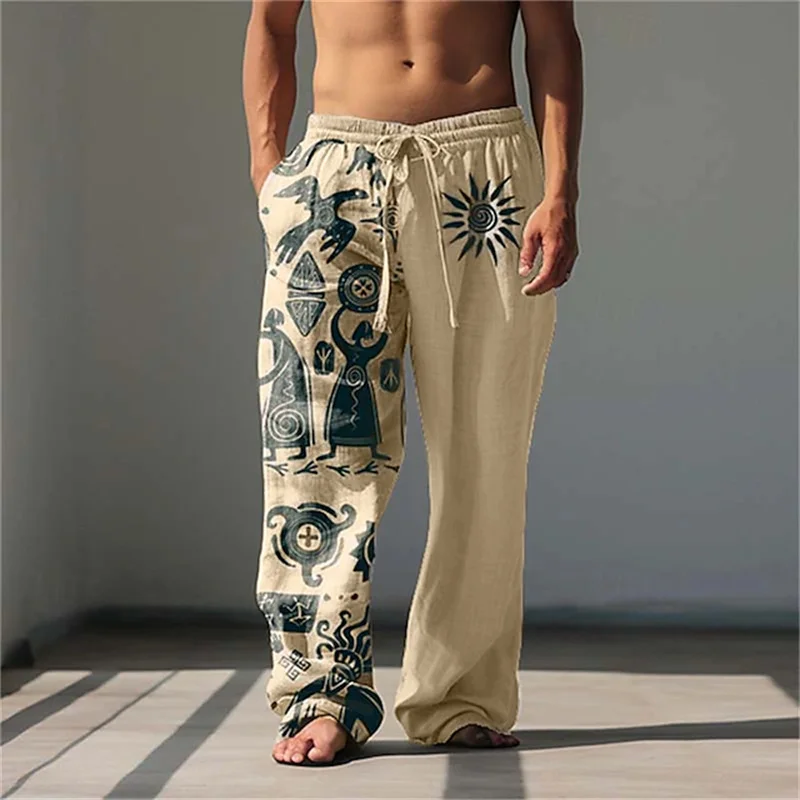 

Men's Casual Beach Pants with Classic Retro 3D Print, Breathable Loose Drawstring Wide-Leg Pants for Outdoor Vacation