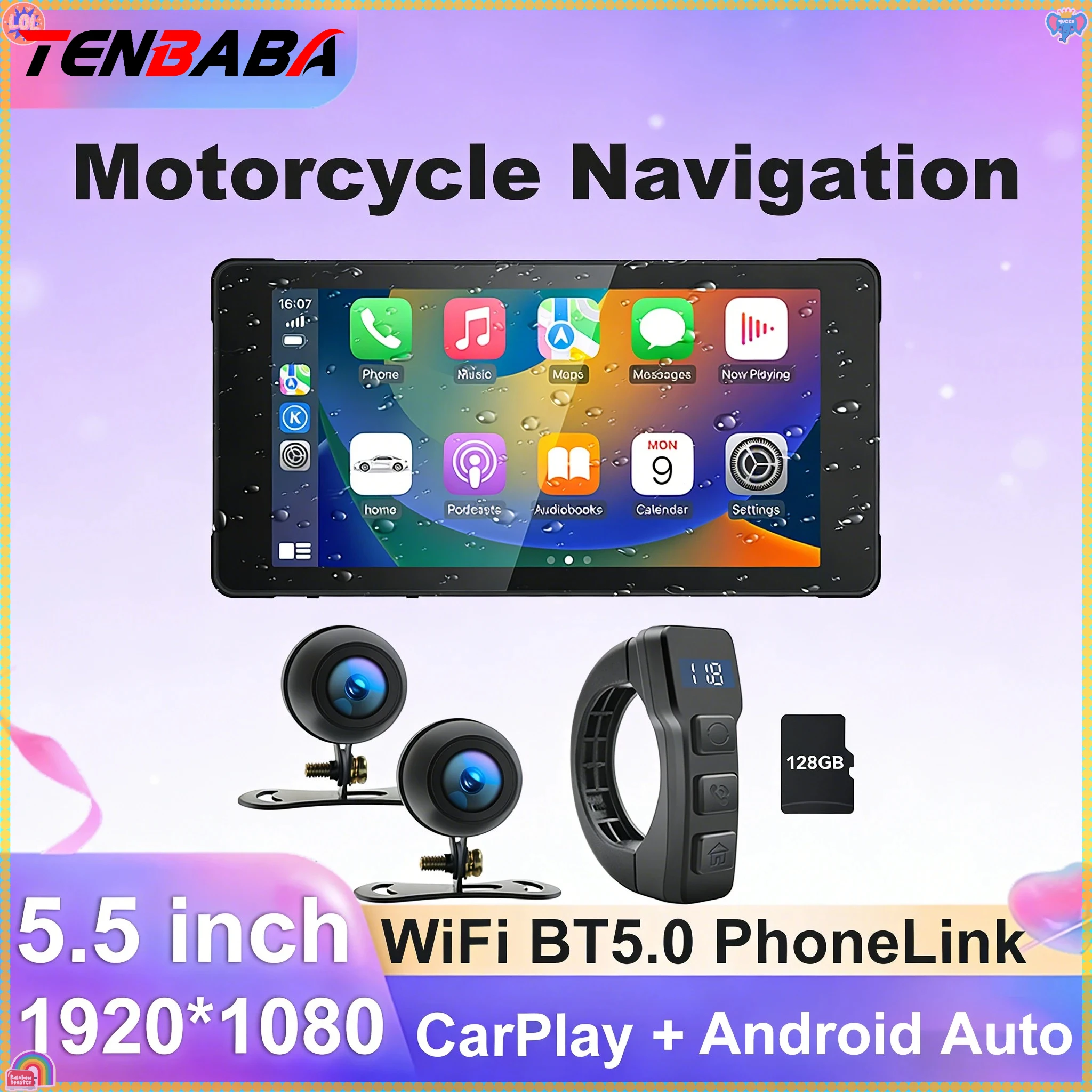 

5,5-дюймовый мотоциклетный GPS-навигатор, беспроводной Carplay Android Auto Moto IPX7, водонепроницаемый 2K DVR, рекордер, мотомонитор, WIFI BT