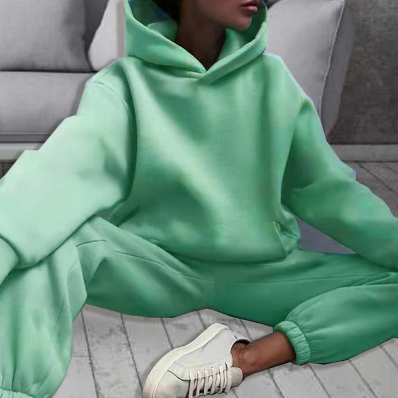 Tracksuit Hoodies Women Sets Winter Casual Warm Solid Long Sleeve Fleece Hooded Sportswear Suit Hoody Pullovers Pant Two Pieces