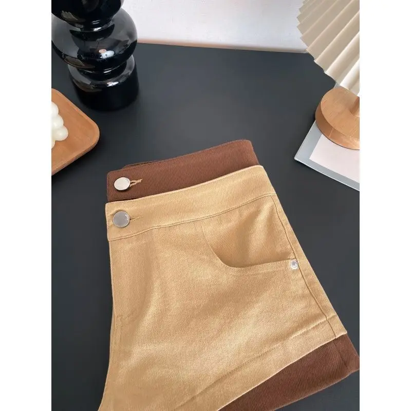Khaki Denim Shorts Women 2026 New Summer Spice Girls Contrasting Color Double Waist Jean Shorts