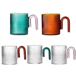 1 Piece 320ml Nordic Ribbed Ripple Glass Mug Two-Tone Clear Teal Pink Amber Coloured Heat Resistant Glass Coffee Cup with Handle