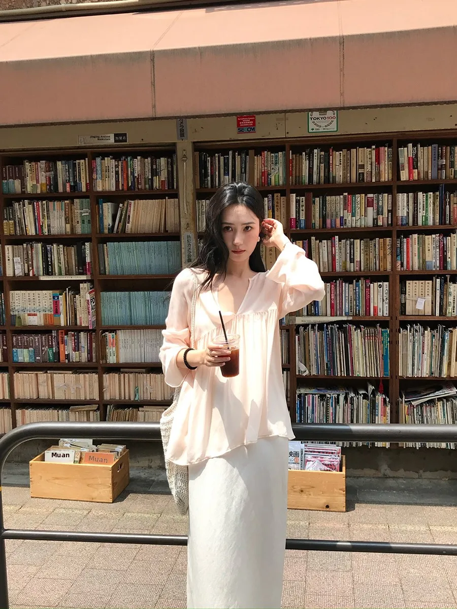 

Isaro Uu Light Weighing Drifting Silk V-ne Long Sve irt Strap Two-piece Set Apricot Pink Commute Sle Loose Fit Women...