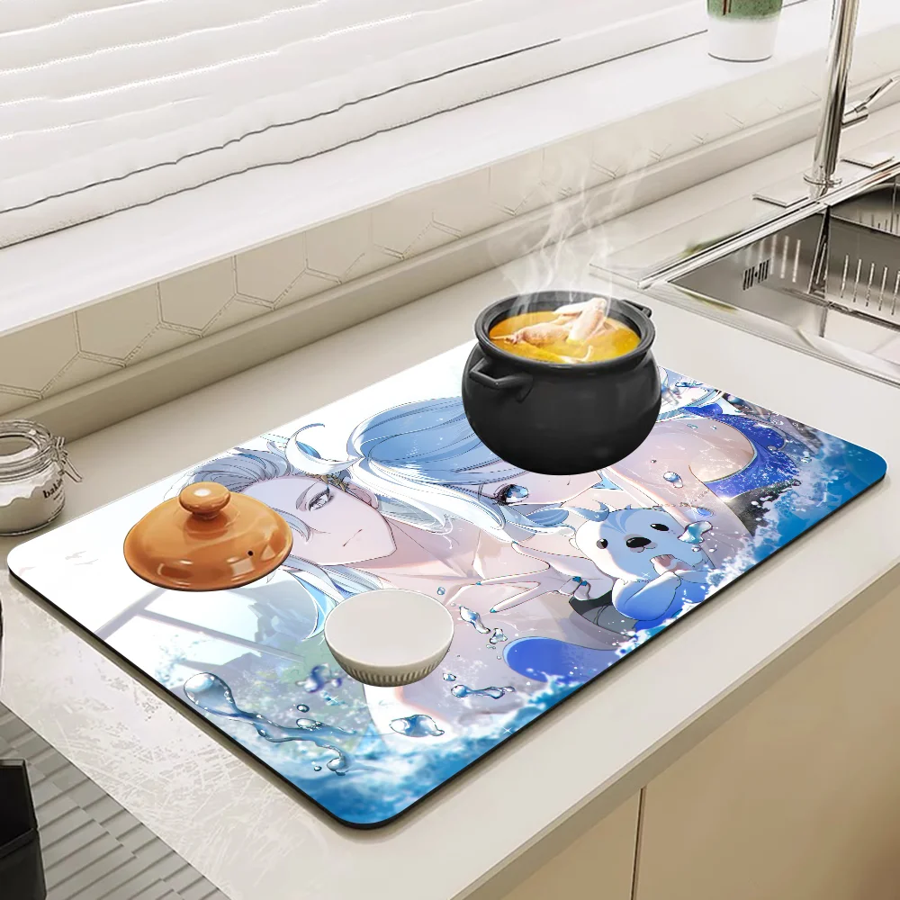 Neuvillette Genshin Impact New Super Absorbent Coffee Dish Kitchen Absorbent Draining Mat Drying Mat Quick Dry Bathroom Placemat