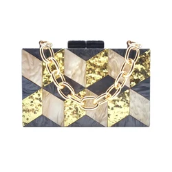 New Stylish Handbag Black Golden Glitter Rhombus Acrylic Evening Clutch Purse Luxury Party Dinner Chain Shoulder Bag Mini Wallet