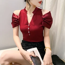 2024 New Summer European Clothes T-Shirt Chic Sexy Off Shoulder V-Neck Patchwork Beading Women Tops Short Sleeve Hot Tees 43034