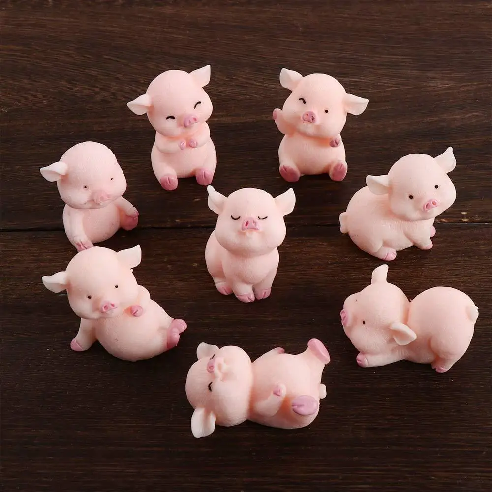 DIY 8pcs Pink Pig Animal Statue Home Ornament Toy Resin Craft Pig Miniature Dollhouse Accessory Micro Landscape Decoration