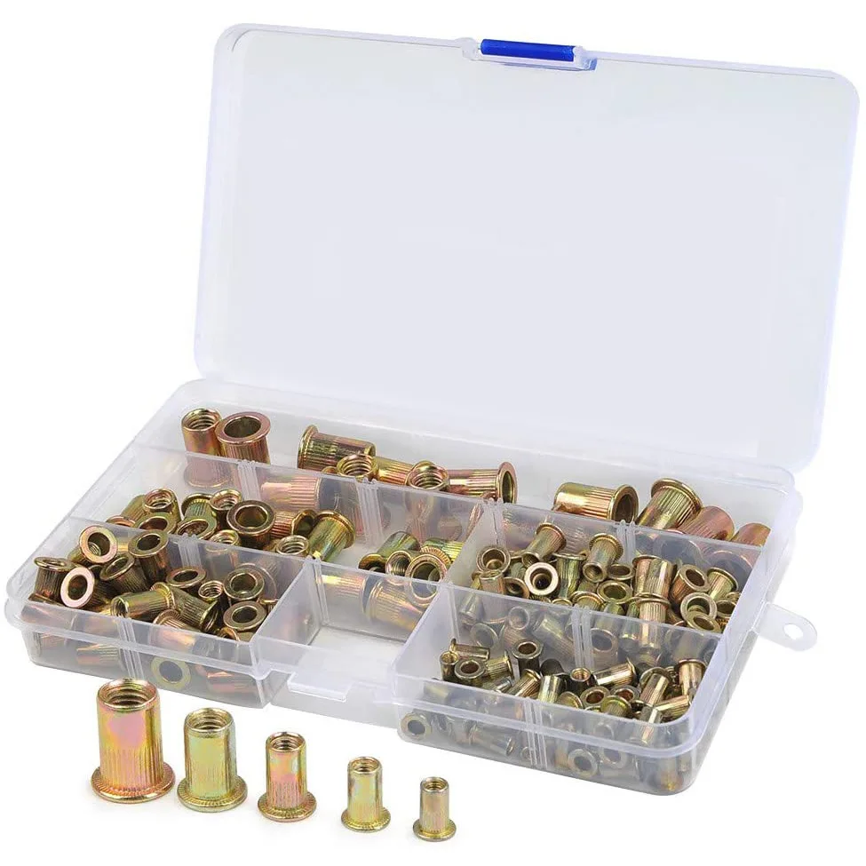 150pcs165PCS120PCS Metric Rivet Nut Assortment Kit M3 M4 M5 M6 Flat Head Rivnut Set,Zinc Plated Finish Carbon Steel Nutsert