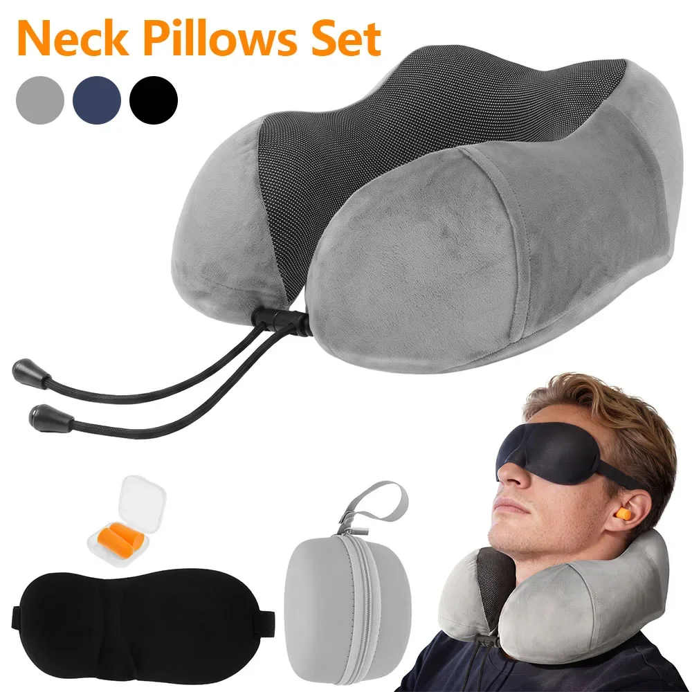 U Shaped Memory Foam Neck Pillows Plane Pillow Set with Eye Mask & Earplugs Sleeping Airplane Pillow Cervical Healthcare Bedding