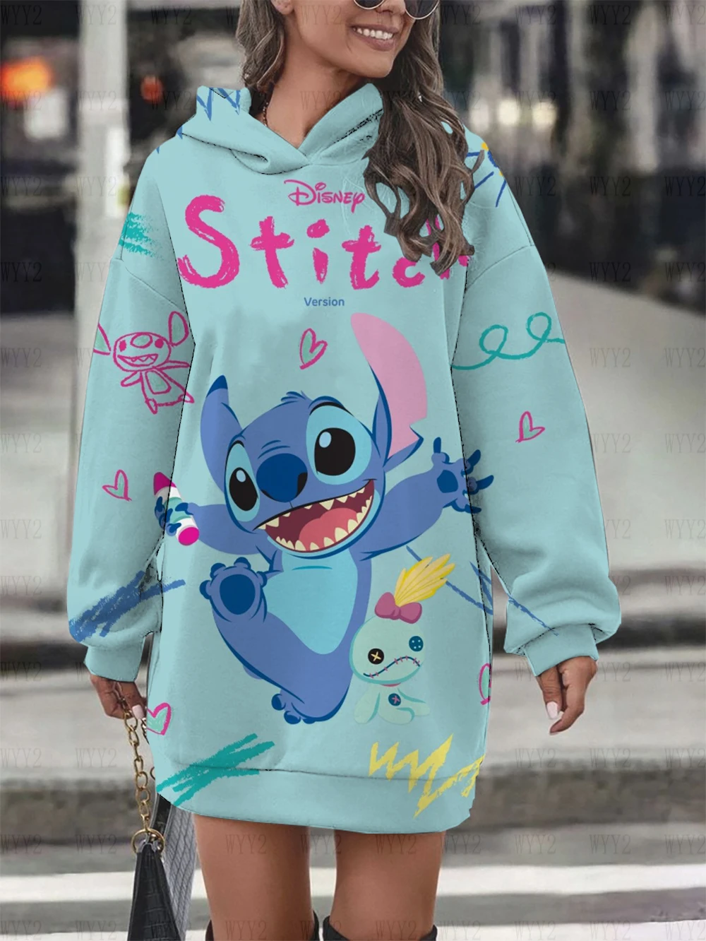 Ladies Sweater Casual Printing Disney Stitch Round Neck Long Sleeve Hooded Sweater Dress Simple Fashion Ladies Clothing New