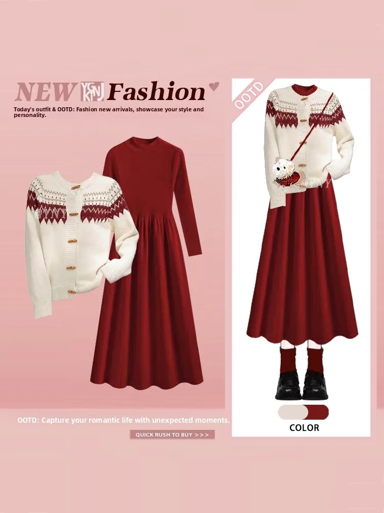 

Red Sweater Dress Two-Piece Set Elegant Winter Lady Style New Year's Fashion Ensemble Long Sleeve round Neck Midi Skirt