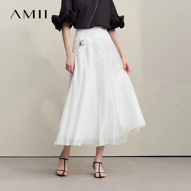 

Женская юбка А-силуэта Amii, новинка лета 2026, элегантная миди-юбка с кружевной отделкой, универсальная повседневная свободная однотонная женская одежда 12622031