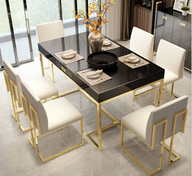 

！@Classic Stainless Steel Frame High Glossy Wood Marble Dining Room Table 6 Chairs Furniture Set