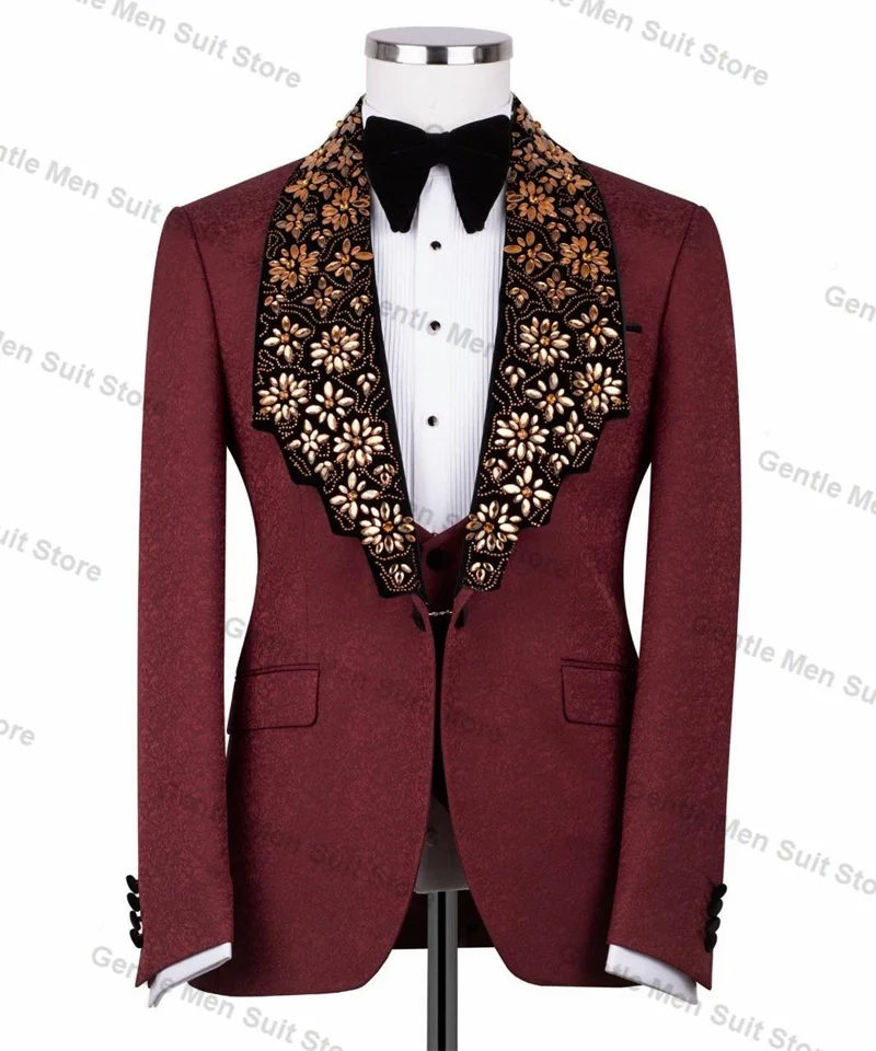 

Luxury Crystals Burgundy Men Suits 2 Piece Blazer+Black Trousers Wedding Tuxedo Male Prom Coat Customized Formal Office Jacket