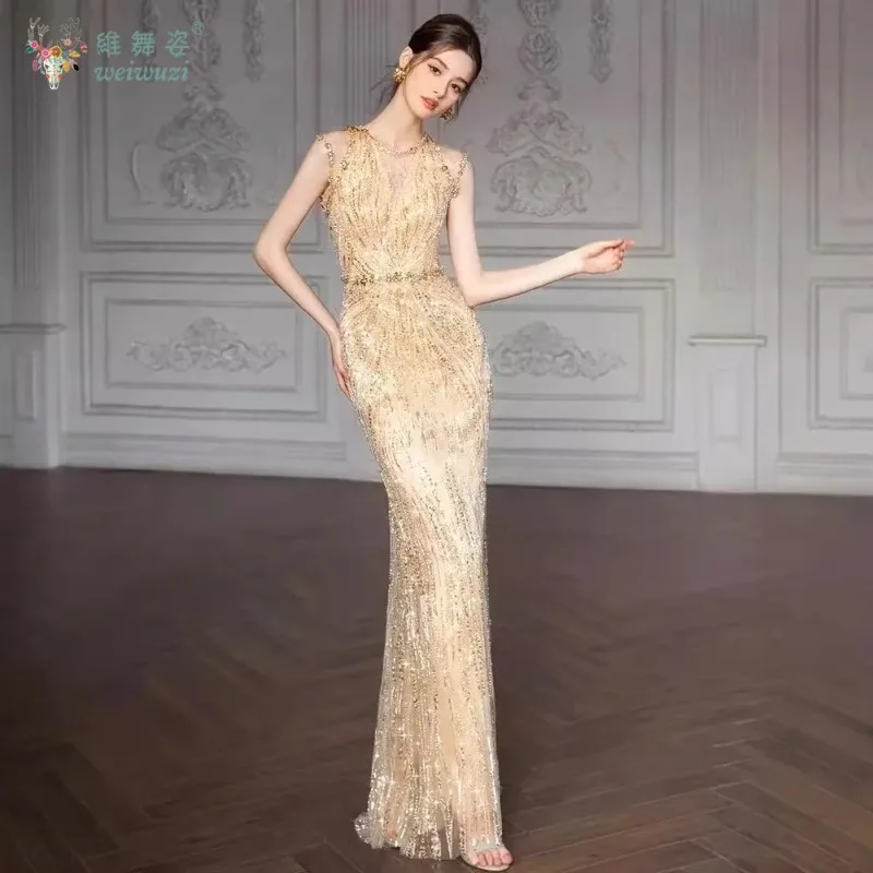 

Heavy Industry Beaded Sequin Embroidered Gold Luxury Evening Dress Elegant Women's Sleeveless Slim Fit Mermaid Evening Gown