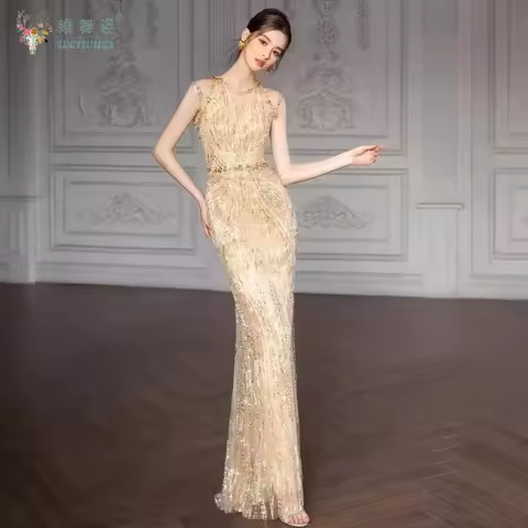Heavy Industry Beaded Sequin Embroidered Gold Luxury Evening Dress Elegant Women's Sleeveless Slim Fit Mermaid Evening Gown