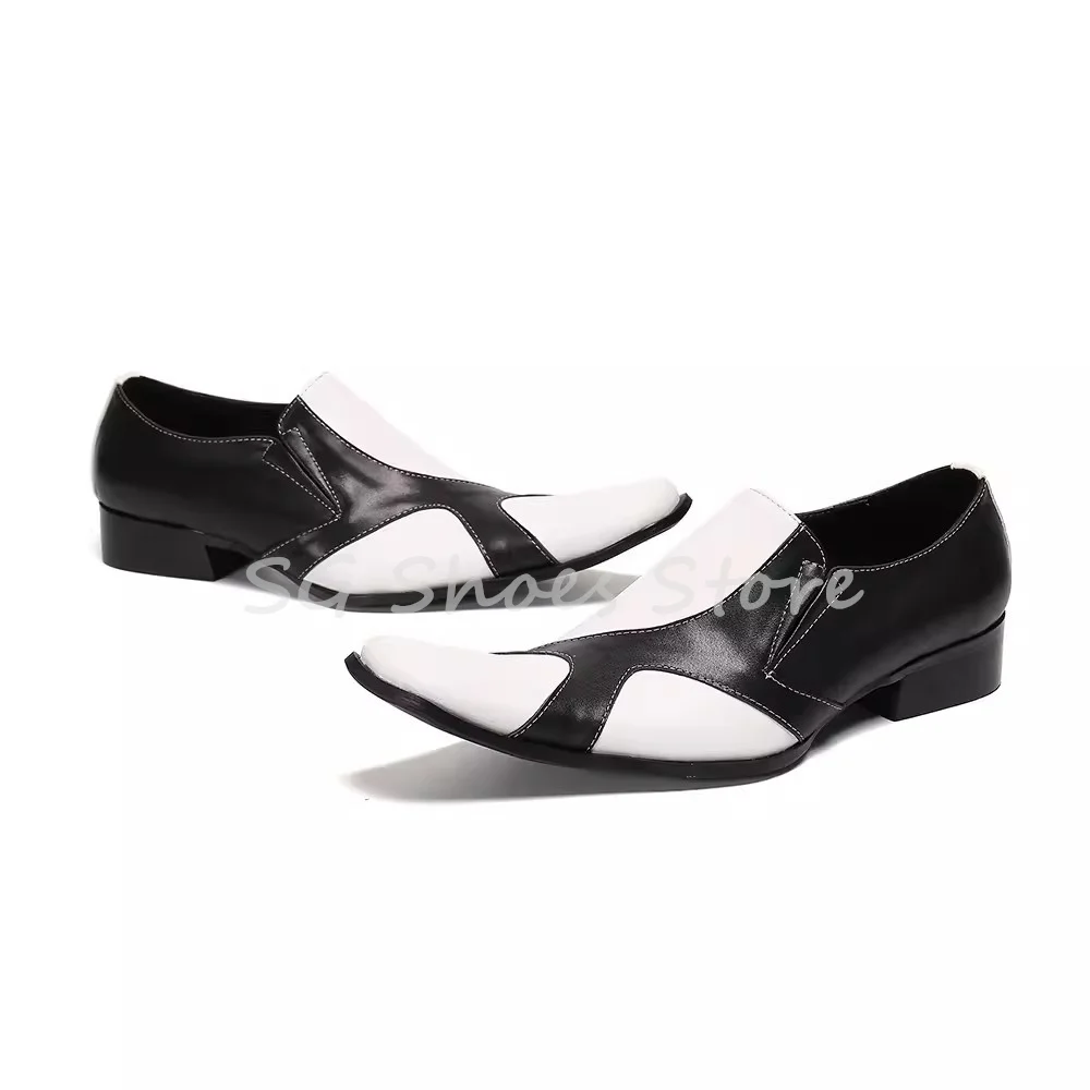 

Black and White Mixed Color Sewing Loafers for Men Pointed Toe Chunky Heel Shallow Derby Shoes Male Wedding Dress Shoes
