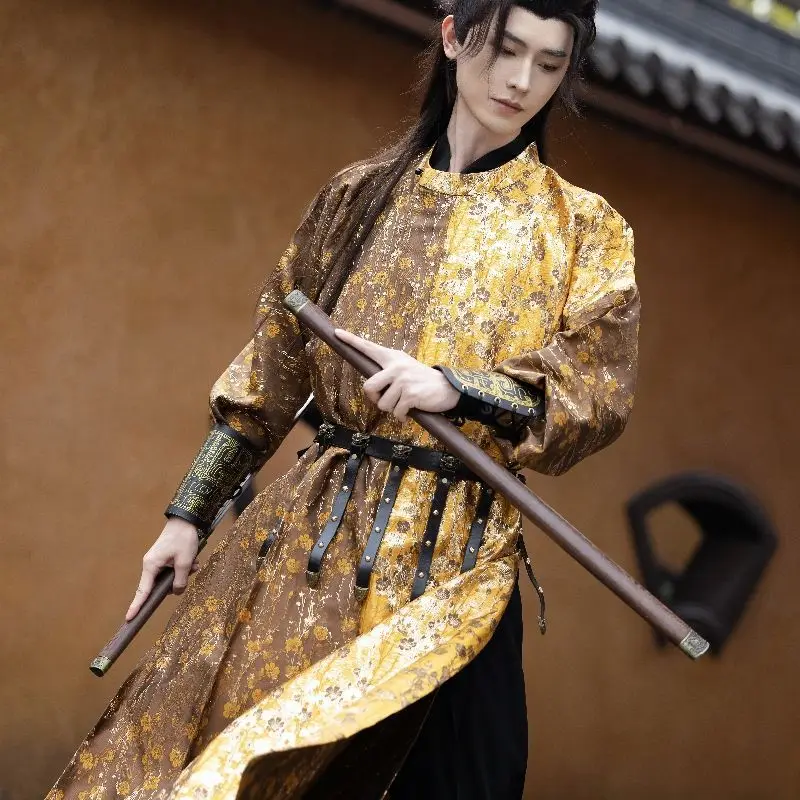 Hanfu-abrigo de cuero para hombre, traje Tang de talla grande XL, bata dorada, traje chino Vintage, Cosplay de carnaval, Invierno